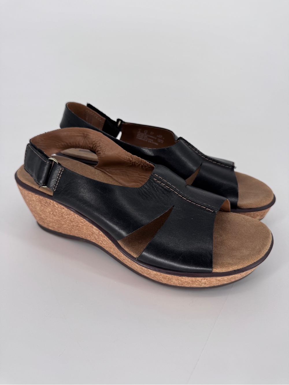 Clarks Rosemund Dune Black Leather Wedge Sandals Slingback Comfort Womens 9.5
